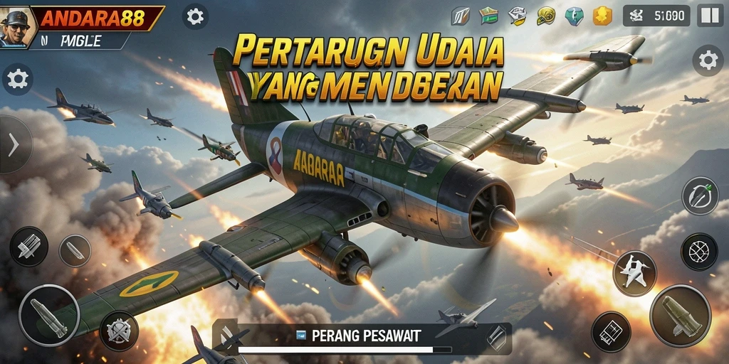 Antarmuka permainan ANDARA88 menampilkan pesawat tempur dalam aksi seru di langit.