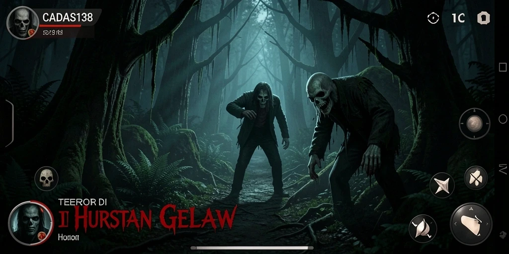 Tampilan antarmuka menakutkan dari game CADAS138 saat menjelajahi hutan.