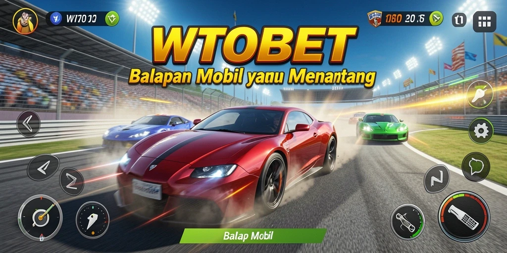 Screenshot utama WTOBET menampilkan mobil balap di lintasan yang menegangkan.
